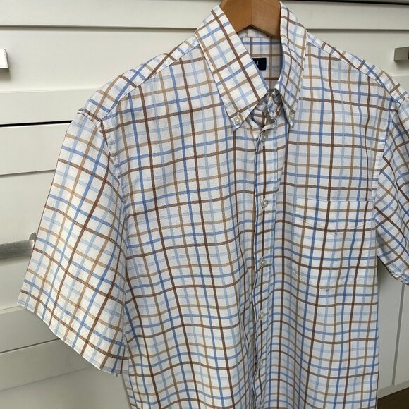 CANALI SS Designer Luxury 100% Cotton Check Shirt Made in Italy Wht Blue Tan M - Picture 3 of 13